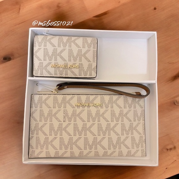 Michael Kors Mini Wristlet/ID/Cardholder Set Vanilla/Luggage BRAND NEW - Picture 1 of 2